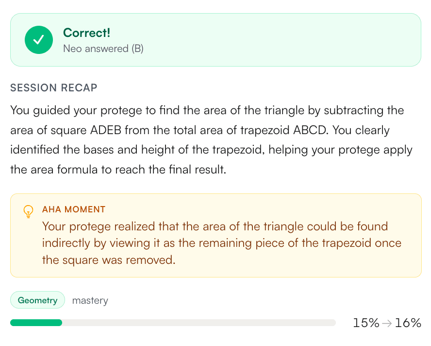 Session recap showing teaching summary, aha moment, and mastery growth